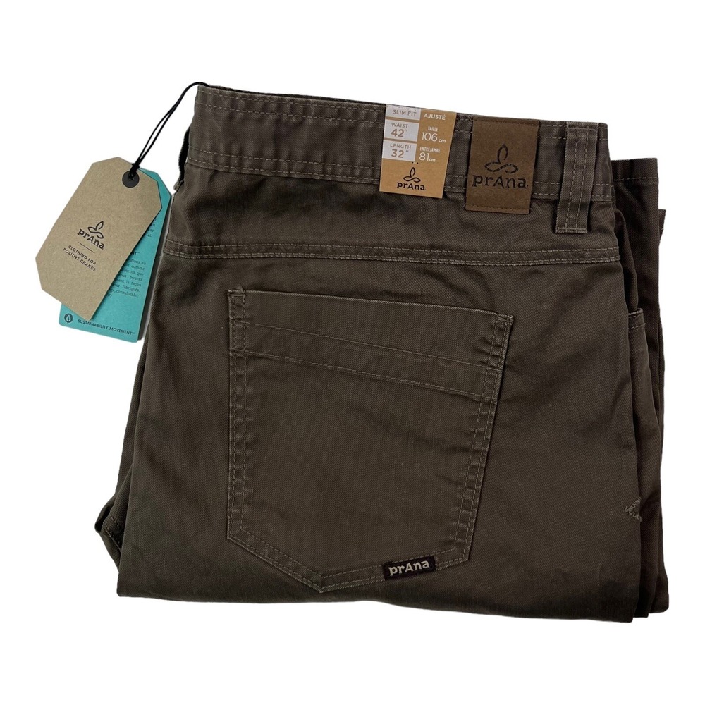 NWT prAna Dridger Dark Mud Brown Slim Fit Cotton Blend Jeans Mens Size 42X32‎